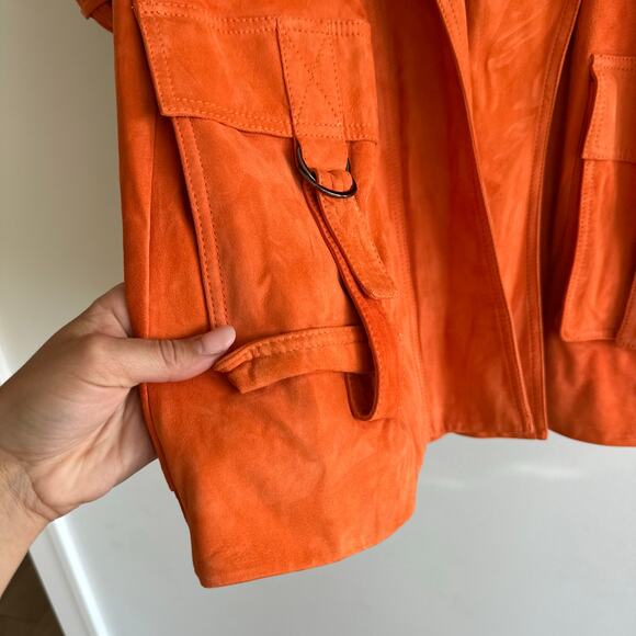 ST. JOHN Silken Suede Slouchy Strap Sleeve Jacket Soft Sienna Orange NWT - Picture 10 of 14